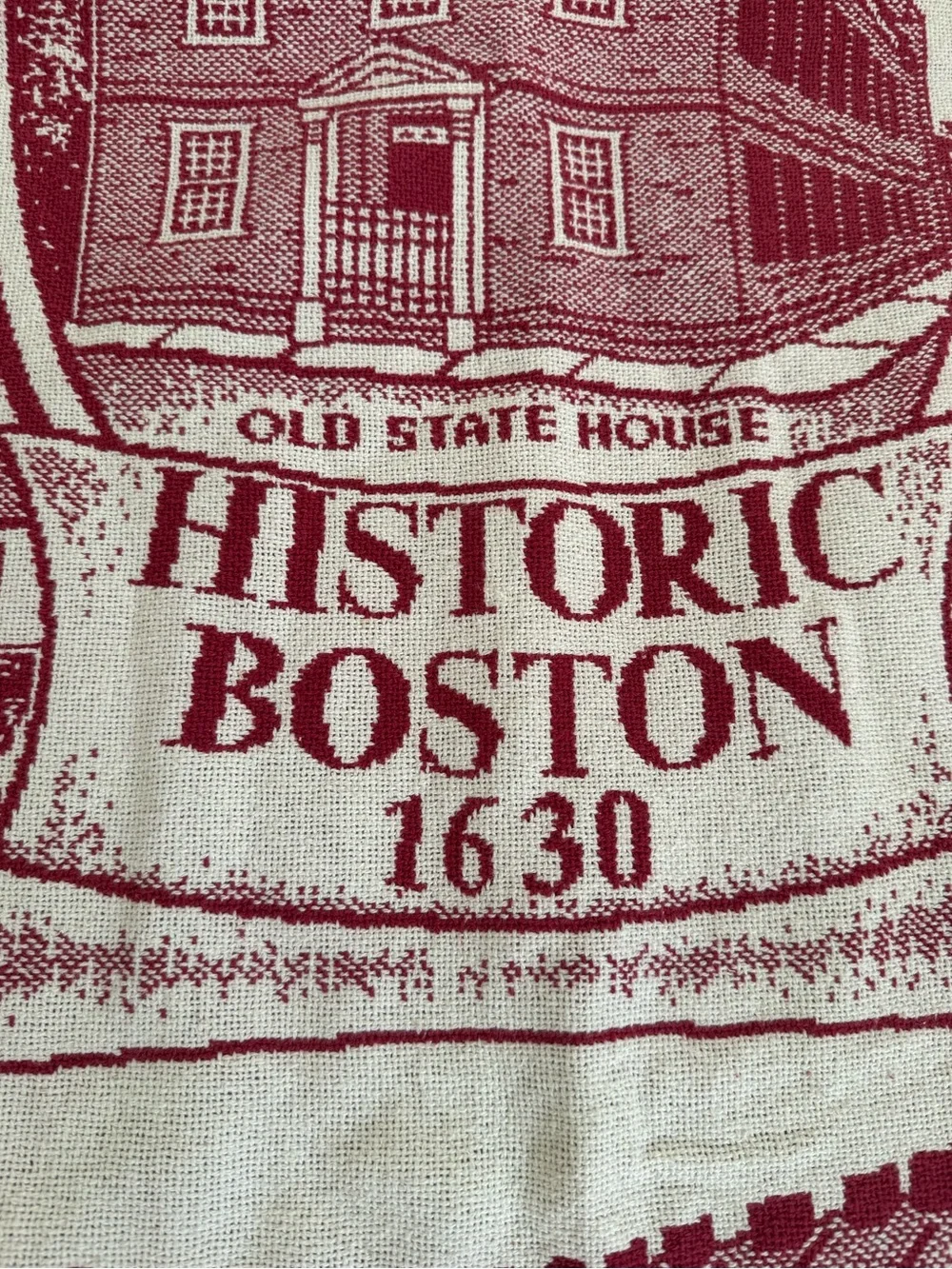Historic Boston landmarks red and cream woven tapestry throw fringed blanket